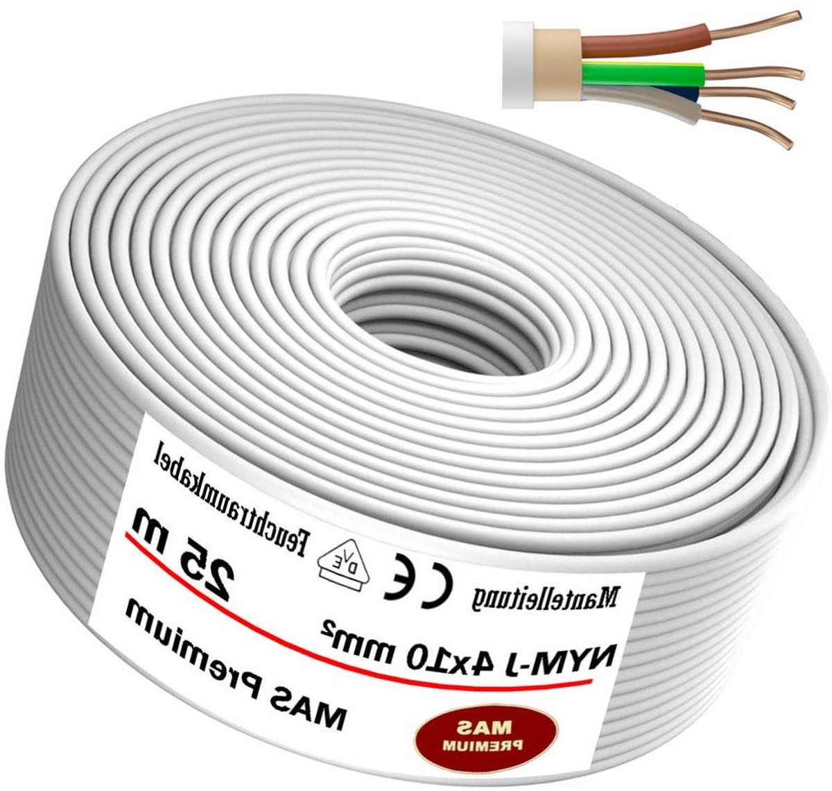 Installatiekabel Vochtbestendig - Stroomkabel Elektriciteitskabel - Vaste Installatie Binnen - Voldoet aan VDE-norm - 4x10 mm² 25 Meter - Grijs