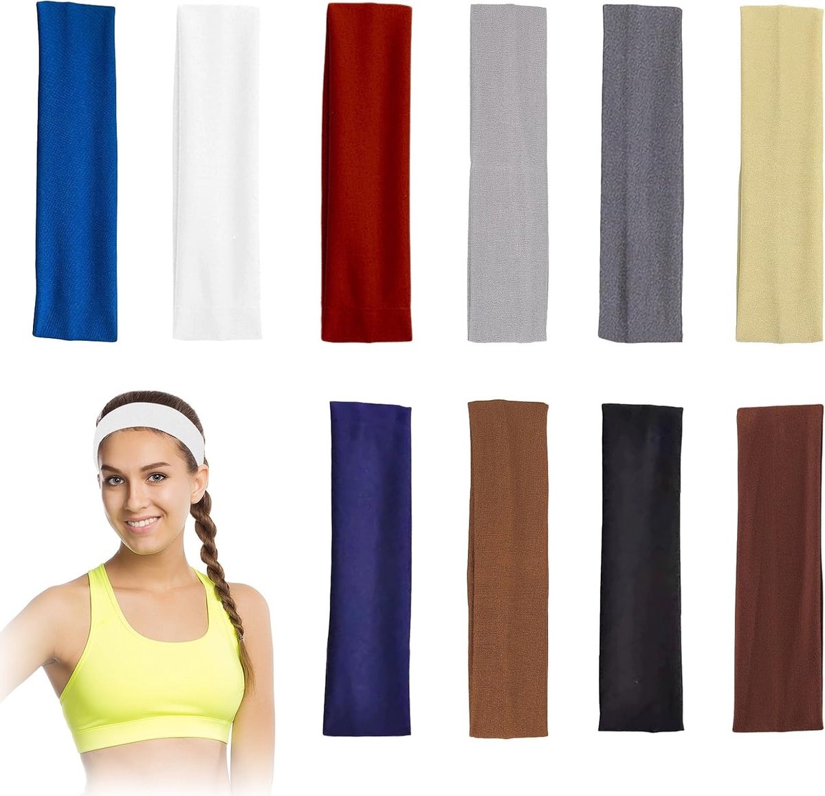 Elastische Sport Haarbanden - Set van 10 Zachte Polyester Spandex - Antislip en Zweetabsorberend - Perfect voor Yoga, Hardlopen en Dagelijks Gebruik in Diverse Kleuren