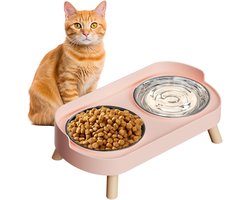 Hoge voerbakken voor katten, speciaal ontworpen voor binnenkatten, spatwaterdicht, inclusief twee roestvrijstalen voerbakjes, geschikt voor katten en kittens, voorkomt snorhaarvermoeidheid, vaatwasmachinebestendig - Roze