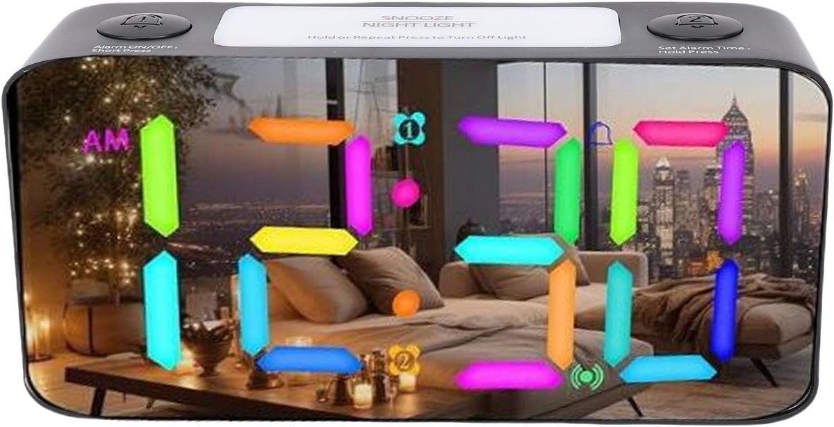 RGB Spiegelwekker - Digitale Wekker Bedshaker - Zware Slapers Wakker Maken - 15 Kleurmodi - 7 Inch - Zwart