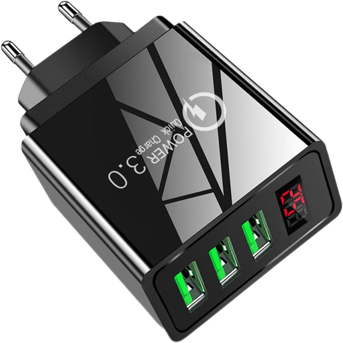 3-poorts Oplader - Wandadapter - Snel Opladen - Digitaal LCD Scherm - 45 x 27 x 68 cm - Zwart