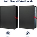 Twee zwarte tablethoezen, één gesloten (sleep) en één open (wake).