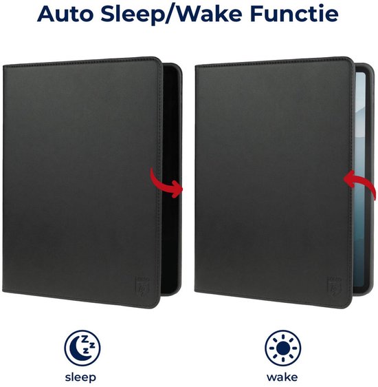 Twee zwarte tablethoezen, één gesloten (sleep) en één open (wake).