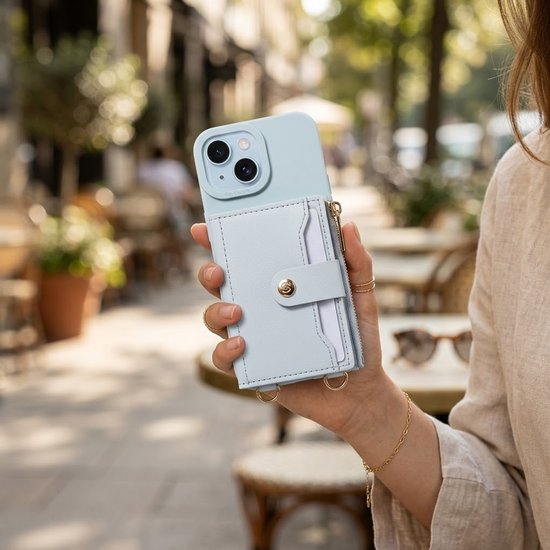 Vrouw houdt lichtblauw telefoonhoesje met portemonnee en rits vast in een buitenomgeving.