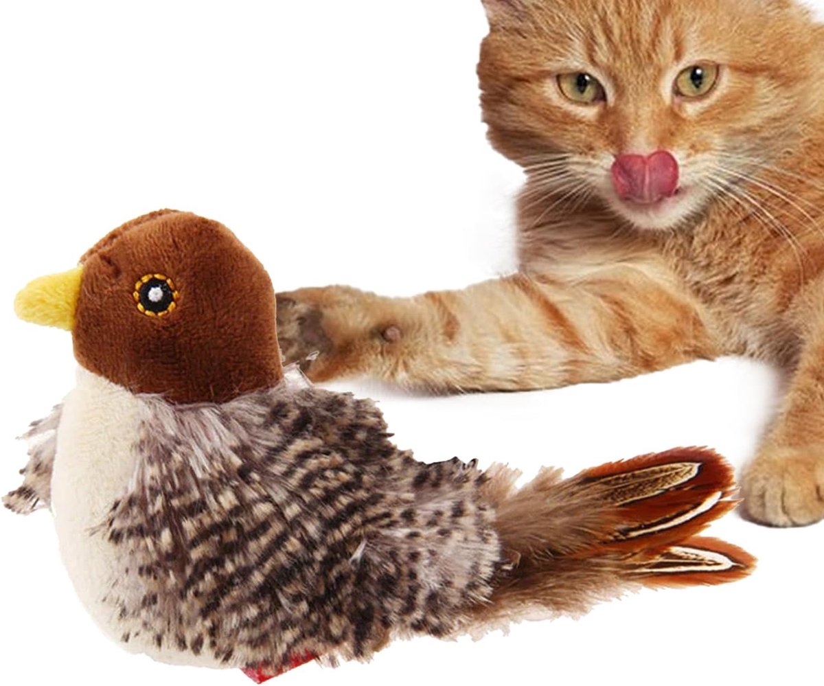Kattenspeeltje met Geluid - Vogel Speelgoed - Interactieve Kattenoefening - Realistisch Tjilpend Geluid - 14 x 7 cm