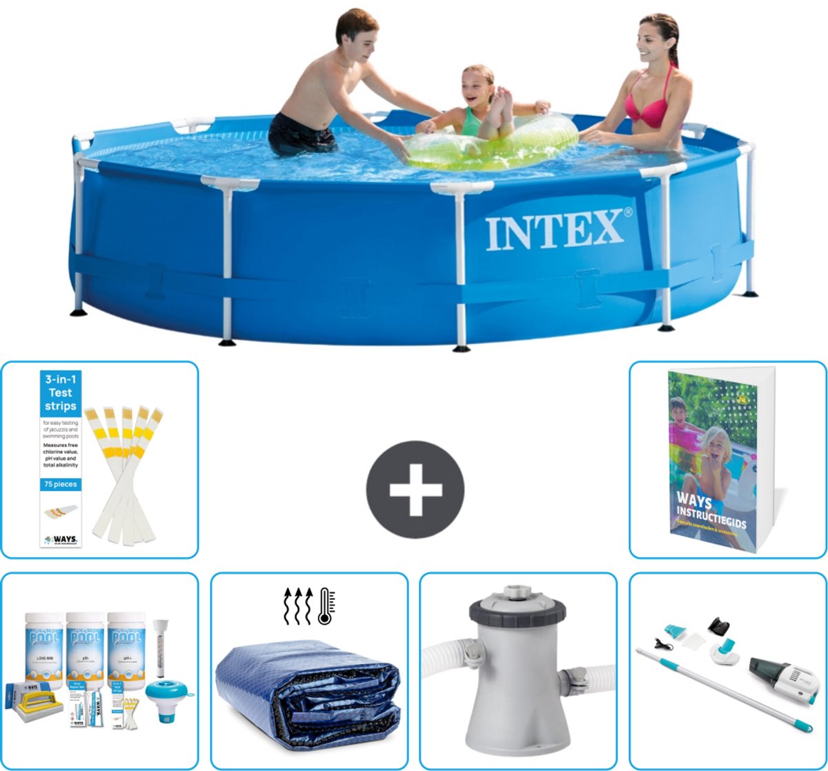 Intex Rond Frame Zwembad - 305 x 76 cm - Blauw - Inclusief Onderhoudspakket - Solarzeil - Zwembadfilterpomp - Stofzuiger - 7-delig