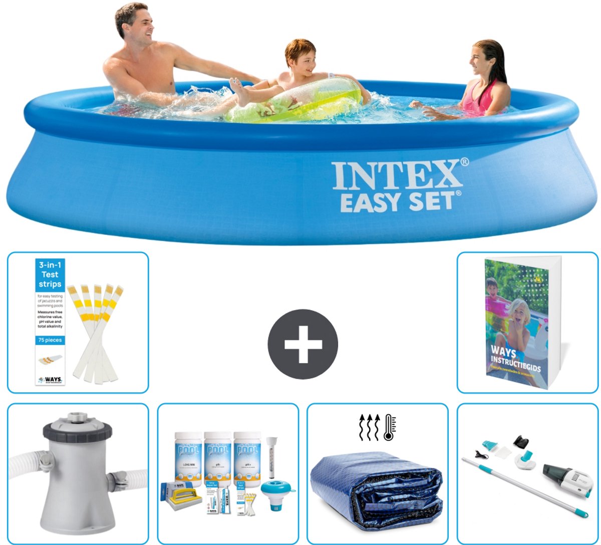 Intex Rond Opblaasbaar Easy Set Zwembad - 305 x 61 cm - Blauw - Inclusief Pomp Onderhoudspakket - Solarzeil - Stofzuiger - 7-delig