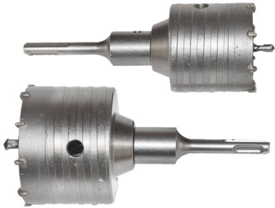 Twee SDS Plus betonboorkronen met metalen behuizing. Eén van 65mm, de ander van 80mm.