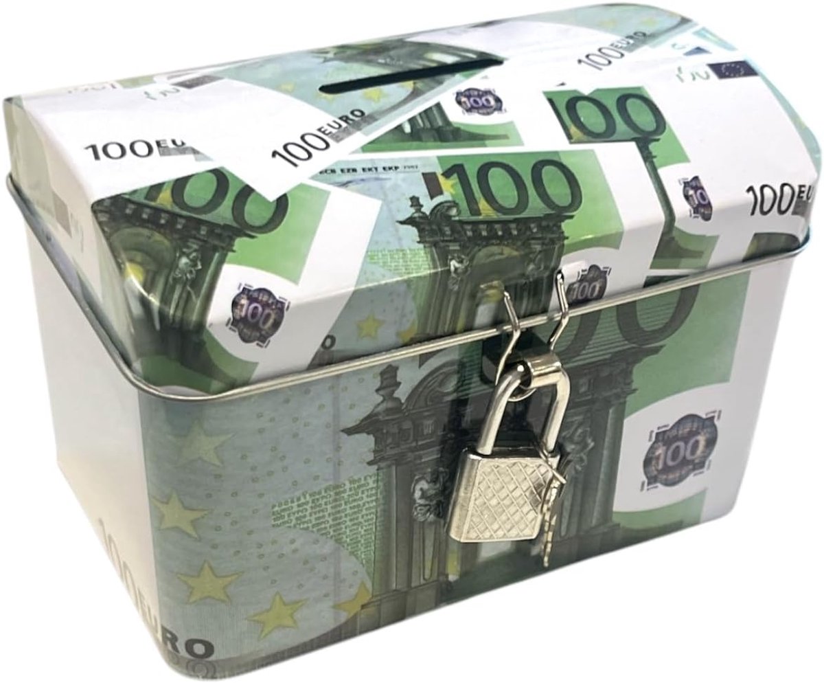 Metalen Spaarpot - Spaarpot met slot - Geld Bewaren - Euro Bankbiljet Design - 8x8x12 cm - Geld Motief