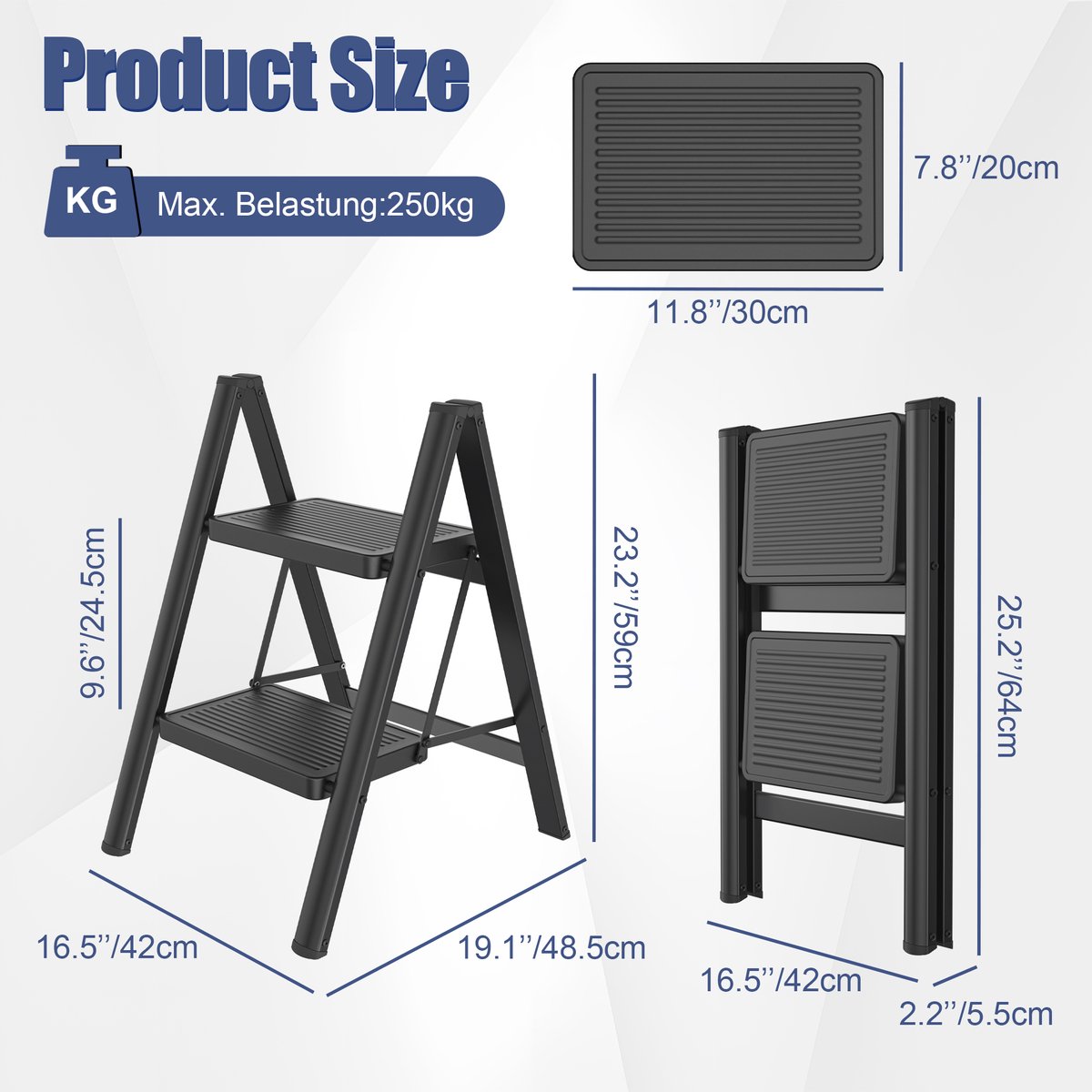 Huishoudtrap 2 treden - Opvouwbare trap van metaal - Antislip, stabiel en belastbaar tot 250 kg - Trapladder voor huis, balkon , garage – foto 3