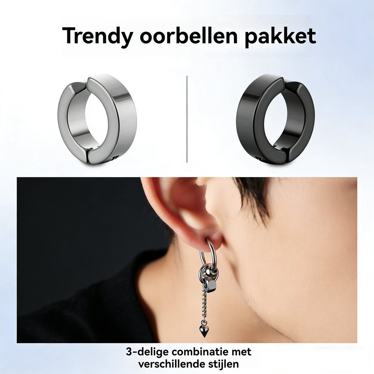 Helin lifeTrendy oorbellen set voor heren - Oorklemmen voor zonder gaatjes + kettingoorbellen van 316L titaniumstaal (kleurvast) - Punk-stijl oorbellen voor zowel mannen als vrouwen - 3-delige set
