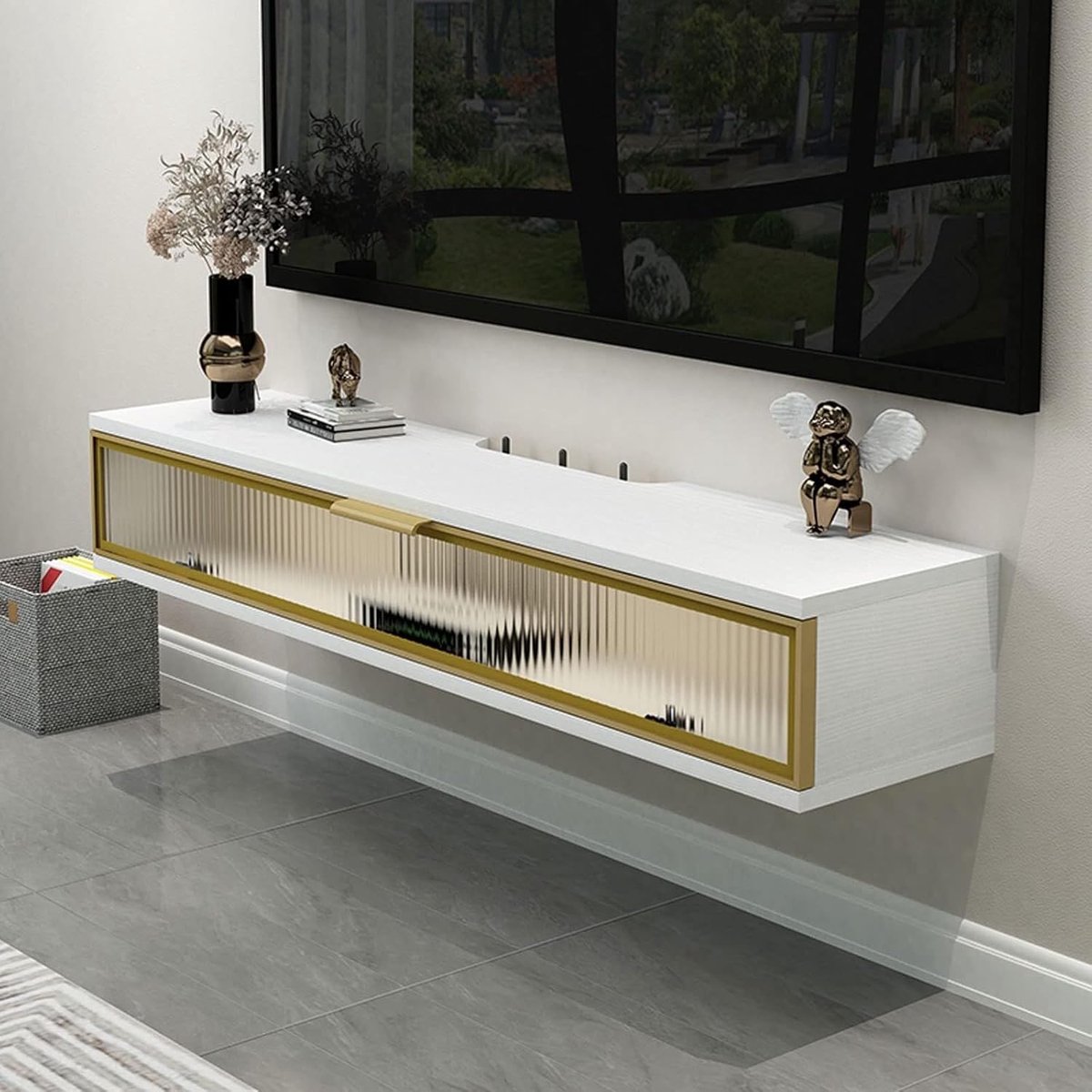 TV Kast Wandmontage - Entertainment Meubel - Woonkamer Inrichting - Ruimtebesparend Ontwerp - 80x23x20.2CM - Wit
