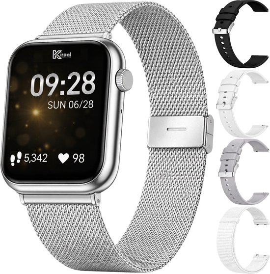 Kiraal Montala Smartwatch - Inclusief 5 Bandjes - Hartslagmeter - Stappenteller - Slaapmonitor - Multisport - Compatibel met Android en iOS - Zilver