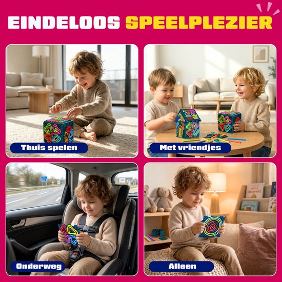 Vier afbeeldingen van kinderen die spelen met fidget speelgoed, thuis, met vriendjes, onderweg en alleen.