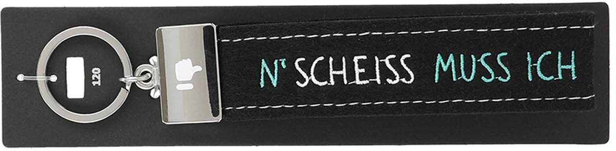 Depesche sleutelhanger vilt zwart met grappige tekst en metalen uiteinde.