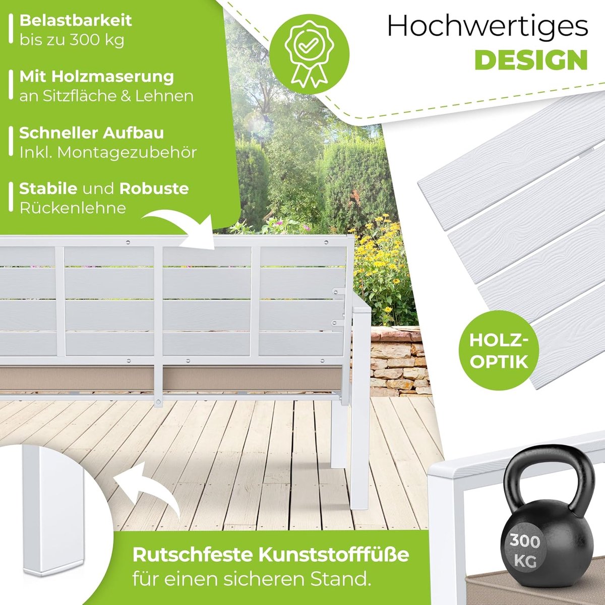 Tuinbank 2-zits 120x64x78 cm met Kussen – Weerbestendig, UV-bestendig, Kunststof & RVS Frame, Balkonbank / Parkbank Modern Wit – Laura