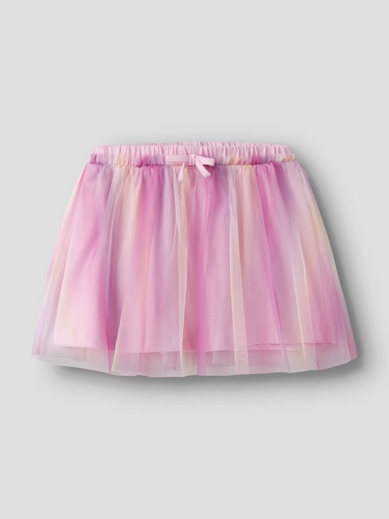 Tule rok in roze, paarse en gele pastelkleuren met strikje en elastische tailleband.