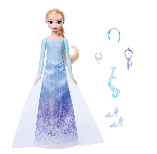 Elsa pop in lange lichtblauwe jurk met paarse ijsprint, met accessoires.