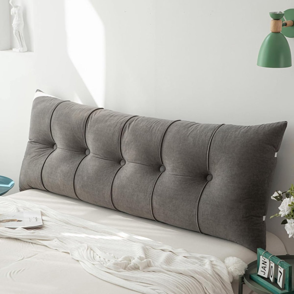 Leeskussen - Hoofdbordkussen Rugsteun - Ontspannen Lezen Bank - Ademend Katoen Anti-slip - 180 x 55 cm - Donkergrijs