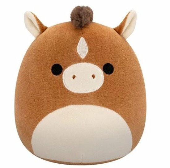 Bruine Squishmallow paard knuffel met witte bles en donkerbruine manen.