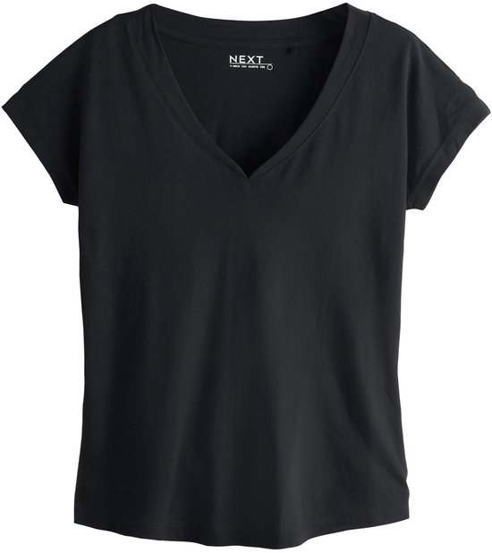 Zwart T-shirt met V-hals en korte mouwen, voorpand.