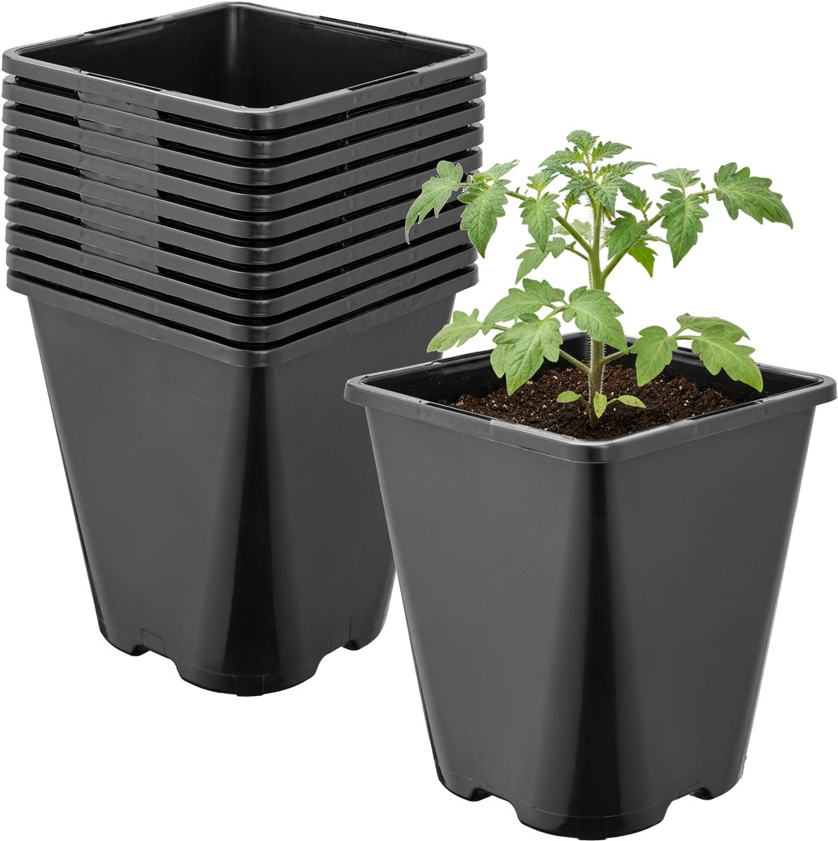 Garronda Set van 10 afgeronde vierkante kunststof kweekpotten met drainagegaten voor tuin (Zwart, 11 x 11 x 12,5 cm (1L)) GD-KW-SR