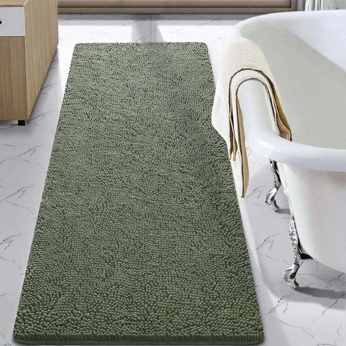Badkamertapijt - Badmat Shaggy - Douche Comfort - Hoge Pluche Chenille - 61 x 187 cm - Saliegroen