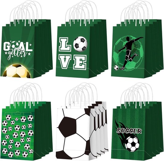 24 Stuks Voetbal Uitdeelzakjes - Papieren Cadeautasjes met Handvat - 21x15x8cm - Kinderfeestje & Verjaardag - 6 Designs