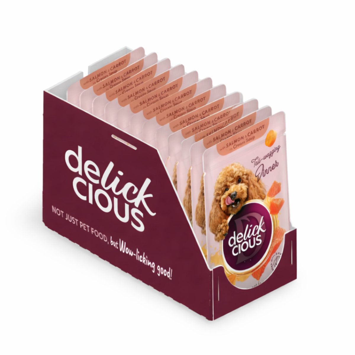 DELICKCIOUS volwassen honden natvoer reepjes met zalm en wortel in roomsoep 12x85g