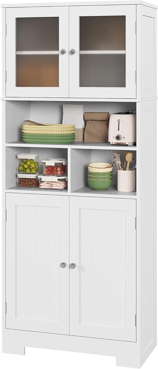 HOMCOM Buffet haut cuisine, armoire de cuisine, vaisselier, 4 portes, niches et étagères réglables, portes en verre, meuble de rangement pour salon, salle à manger, 60 x 30 x 145,5 cm, blanc