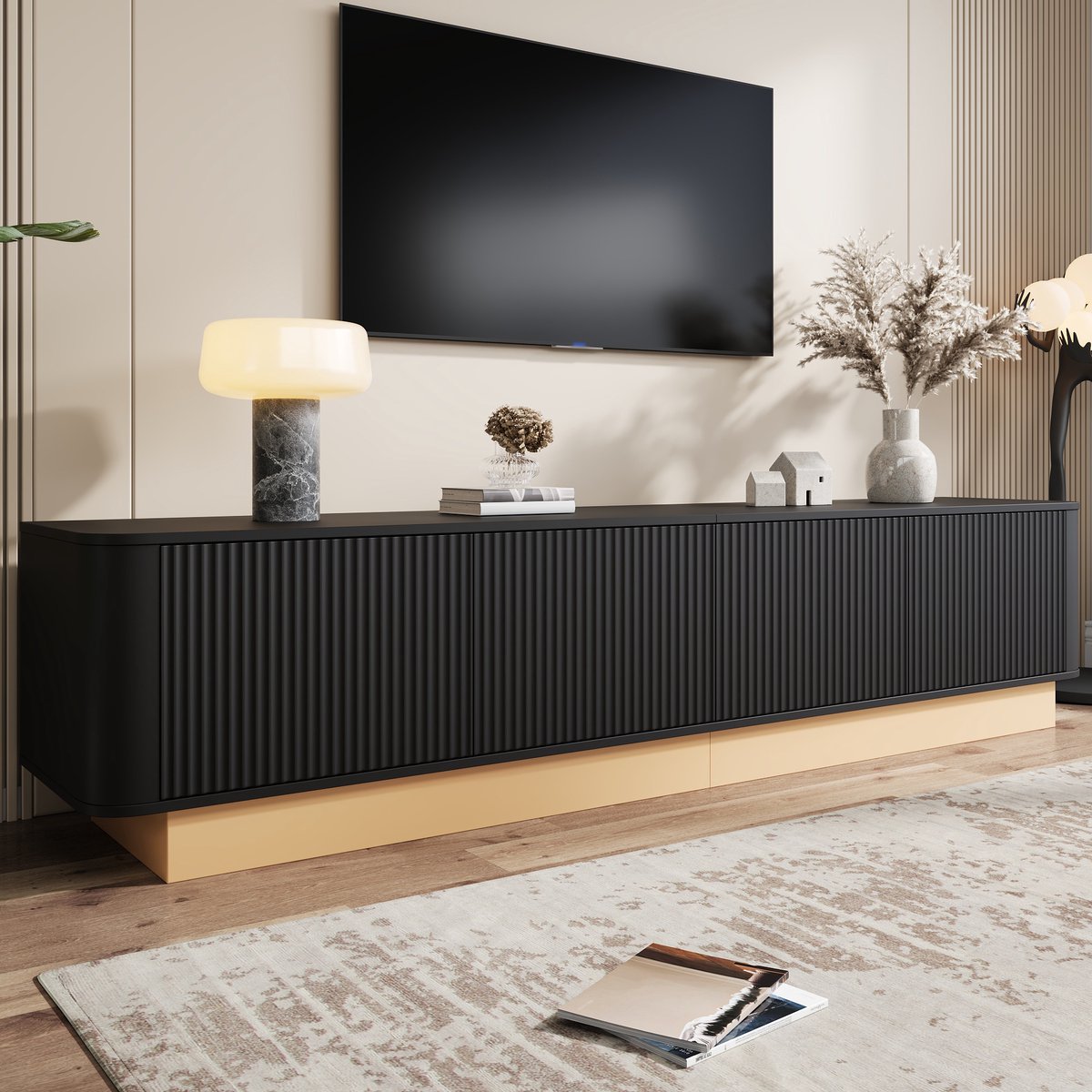 OKWISH Tv-Meubel – 4 Deuren Met Verstelbare Planken En Kabeldoorvoer – Woonkamer – MDF Zwart – 200 x 40 x 47,5 cm