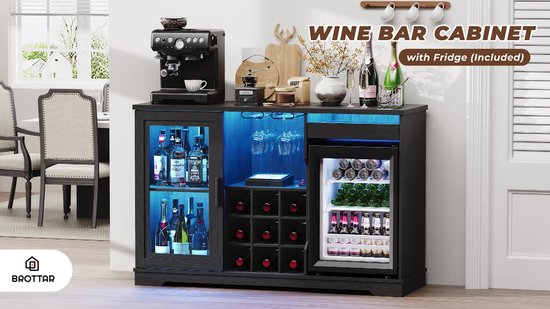 BROTTAR-Koffiebarkast met koelkast-LED-verlichting-Glazenhouder-Wijnrek-Sensorverlichting-Buffetkast voor keuken, woonkamer en thuisbar-Zwart
