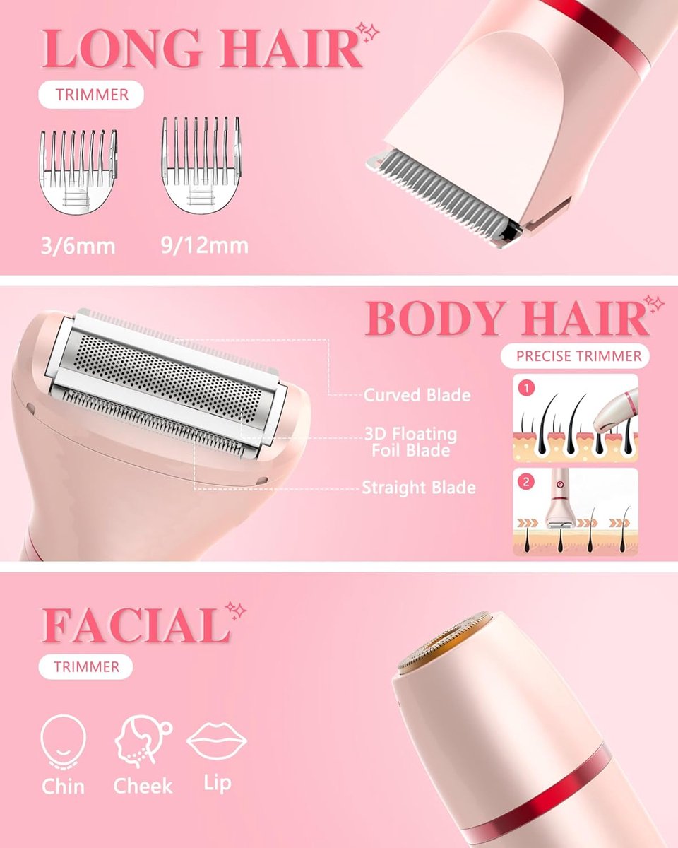 Trimmer vrouw intiem-trimmer vrouw bikinilijn -3-in-1 bikinitrimmer voor dames - Elektrisch scheerapparaat - Oplaadbare bodyhaartrimmer - Draagbare ontharingsset met afneembare onderdelen - Cadeau voor vrouwen - Roze - 13 x 19 cm — afbeelding 2