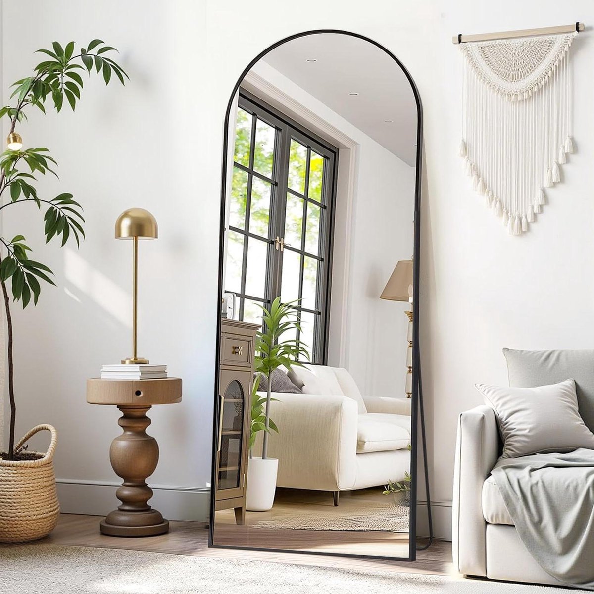 Vloerspiegel Boogvorm - Volledige Lengte Spiegel - Woonkamer Decoratie - Veiligheidsglas Ontwerp - 56 x 20 Inch - Zwart