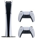 PlayStation 5 Digital Edition console in staande stand, met twee witte DualSense-controllers ernaast.