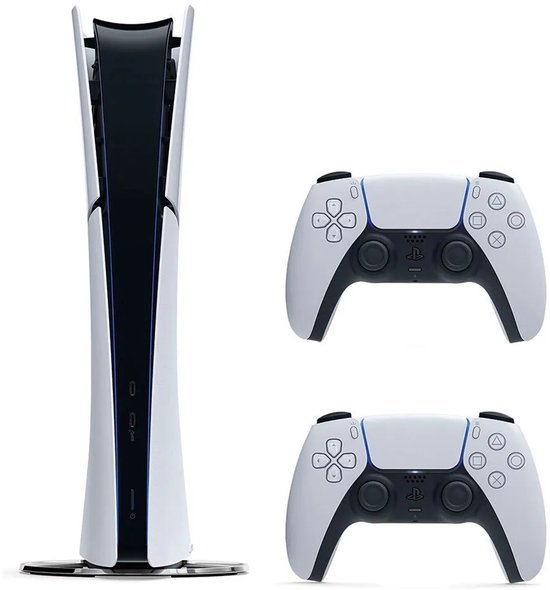 PlayStation 5 Digital Edition console in staande stand, met twee witte DualSense-controllers ernaast.