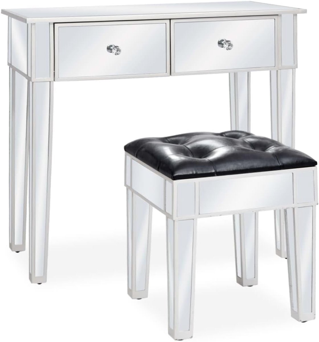 Kaptafel met Kruk - Make-up Tafel Opmaakmeubel - Sieraden Opbergen - Gespiegeld Glas Design - 38cm Diep - Zilver
