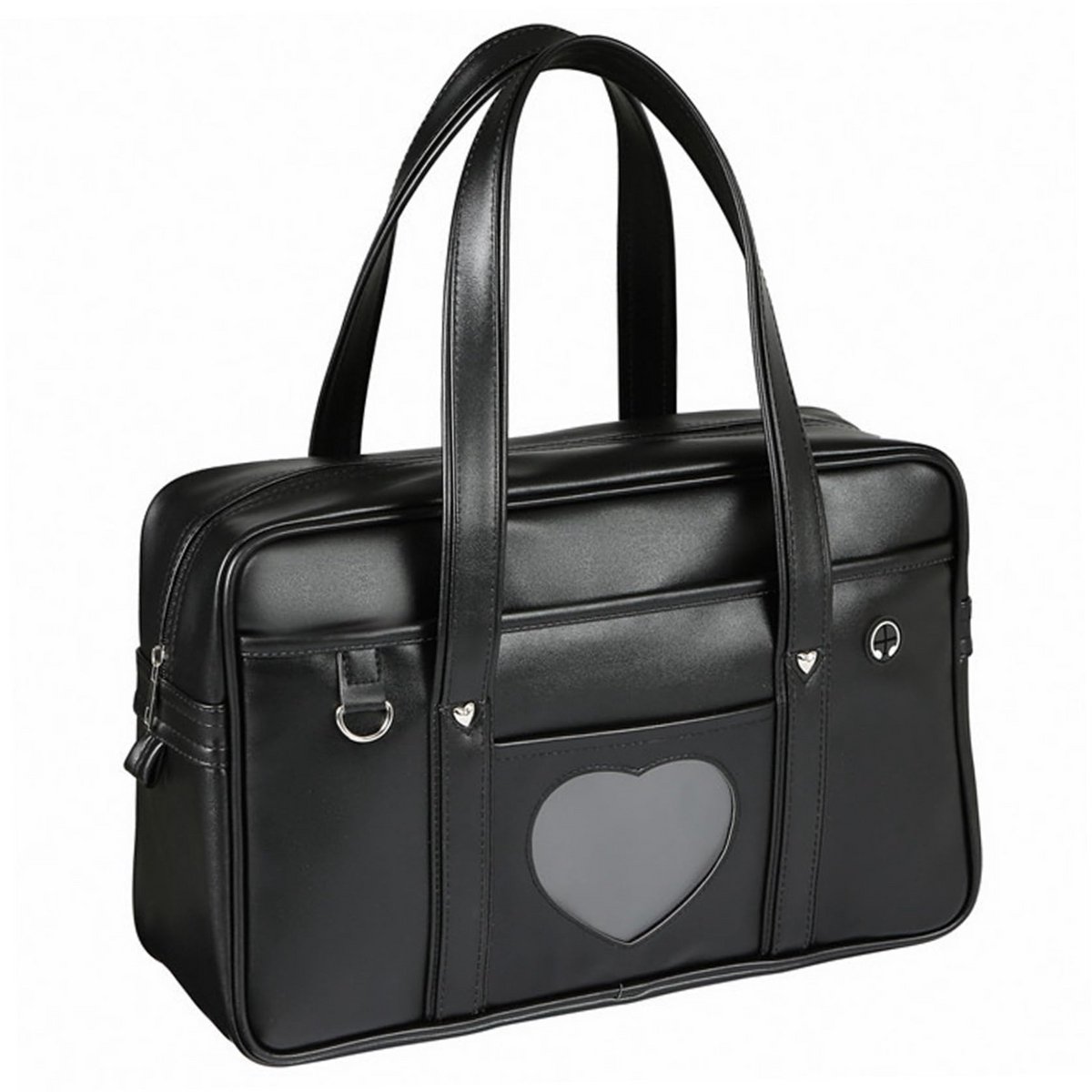 Kraftverdia® School Tote Bag Japanse Schooltas Zwart Leer Grote Capaciteit Japans met Hart Venster Draagbare Trendy Ritssluiting Tote