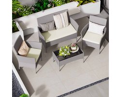 Garden set van 4-delig – Weerbestendige polyrotan zitgroep voor 4 personen – Tuinset voor buiten van rotan, tuinset voor 4 personen, inclusief 1 bank, 2 fauteuils, 1 tafel – Grijs