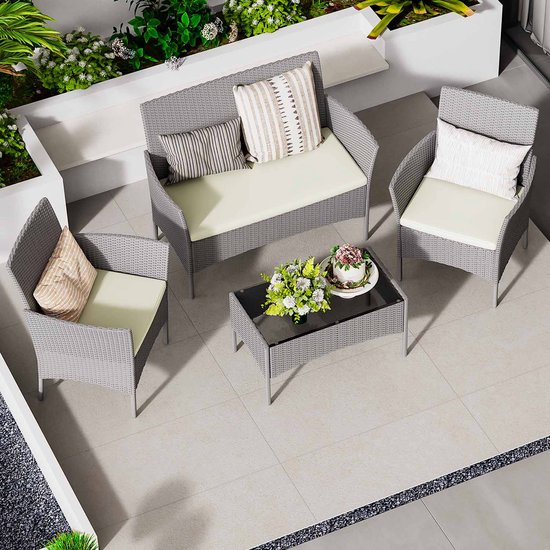 Ensemble Garden de 4 pièces - Ensemble de sièges en polyrotin résistant aux intempéries pour 4 personnes - Ensemble de jardin extérieur en rotin pour 4 personnes, comprenant 1 canapé, 2 fauteuils, 1 table - Grijs