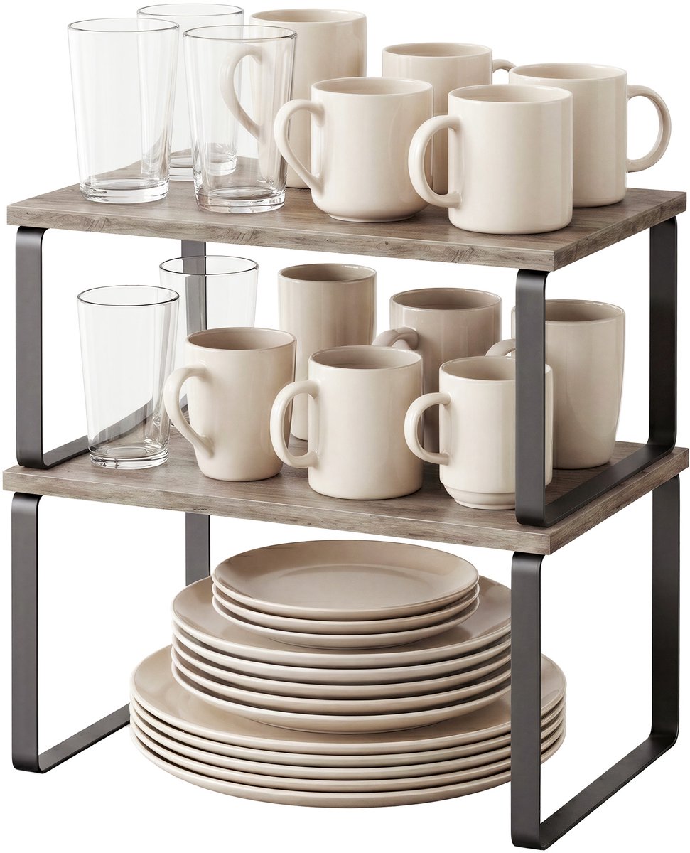 SONGMICS - Kruidenrek - Kruidenrek 2-Delig - Uitbreidbare en Stapelbare Keuken Organizer - Metaal en Hout