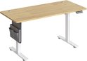 Wit elektrisch zit-sta bureau met licht houten blad en grijze stoffen opbergvakken aan de zijkant.