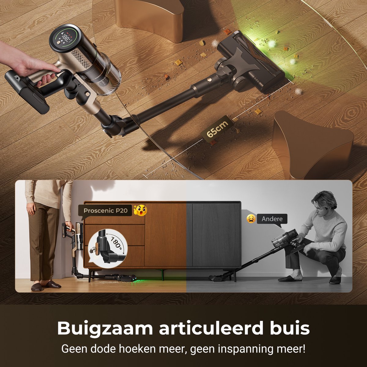 Proscenic P20 - Steelstofzuiger Draadloos –80KPA - 180AW - 680W - 70Min - Grote 1,5L Opvangbak - 4 zuigmodi - Voor Tapijt Vloeren Autos — afbeelding 6