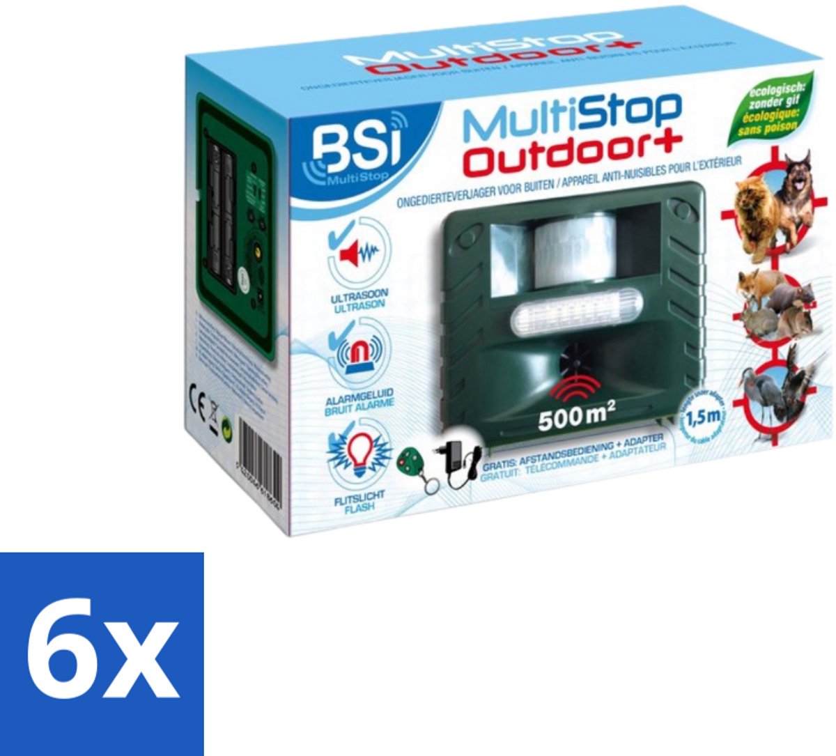 BSI – Multistop Outdoor Plus – Dierenverjager Ultrasoon met Flitslicht & Alarm – Bereik tot 500 m² - Voordeelverpakking - 6 stuks