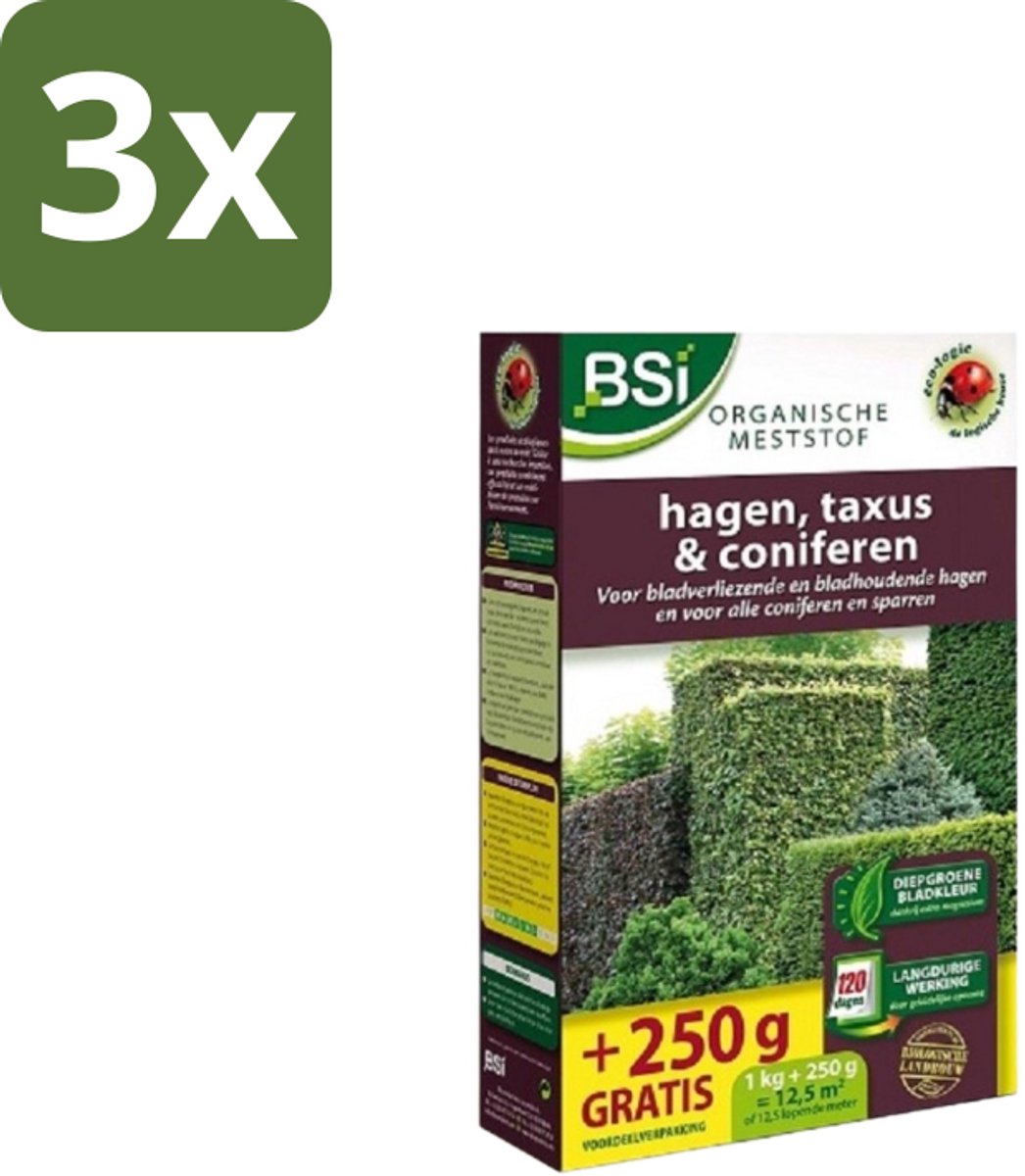 BSI – Hagen, Taxus & Coniferen Meststof – Sterke Groei & Diepgroene Naalden – 1,25 kg (12,5 m²) - Bulkverpakking - 3 stuks