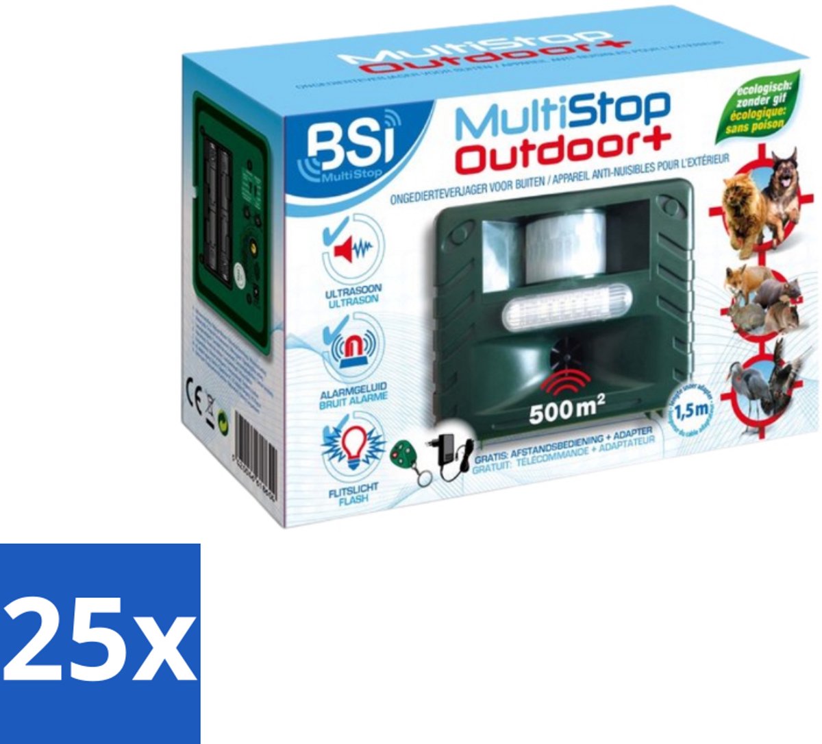 BSI – Multistop Outdoor Plus – Dierenverjager Ultrasoon met Flitslicht & Alarm – Bereik tot 500 m² - Bulkverpakking - 25 stuks