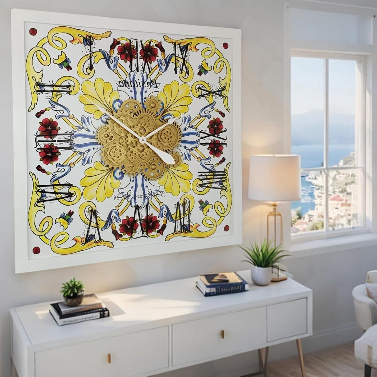 Tandwielen Klok - Wandklok Bewegende Tandwielen - Woonkamer Decoratie - Real Moving Gears - 36 inch Vierkant - Positano