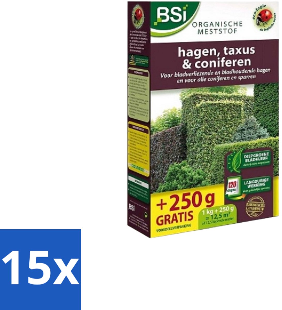 BSI – Hagen, Taxus & Coniferen Meststof – Sterke Groei & Diepgroene Naalden – 1,25 kg (12,5 m²) - Bulkverpakking - 15 stuks