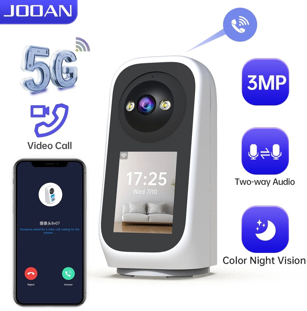 Je Huis 3MP WiFi Beveiligingscamera met Scherm en App – PTZ 360° Binnen Camera met Nachtzicht, Bewegingsdetectie, Auto Tracking en Tweeweg Audio – Babyfoon & Smart Home CCTV