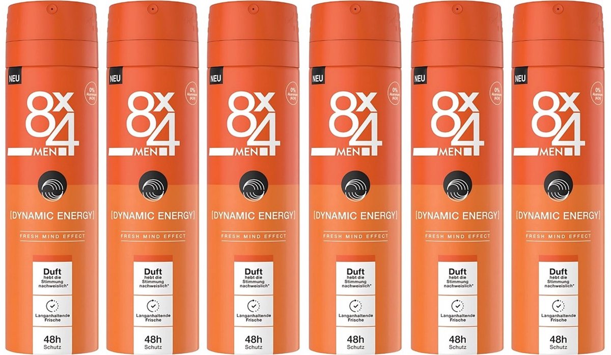 8 x 4 Deospray Men - Dynamic Energy - Deodorant - Energieke & Frisse Geur - 150 ml - Voordeelverpakking - 6 stuks